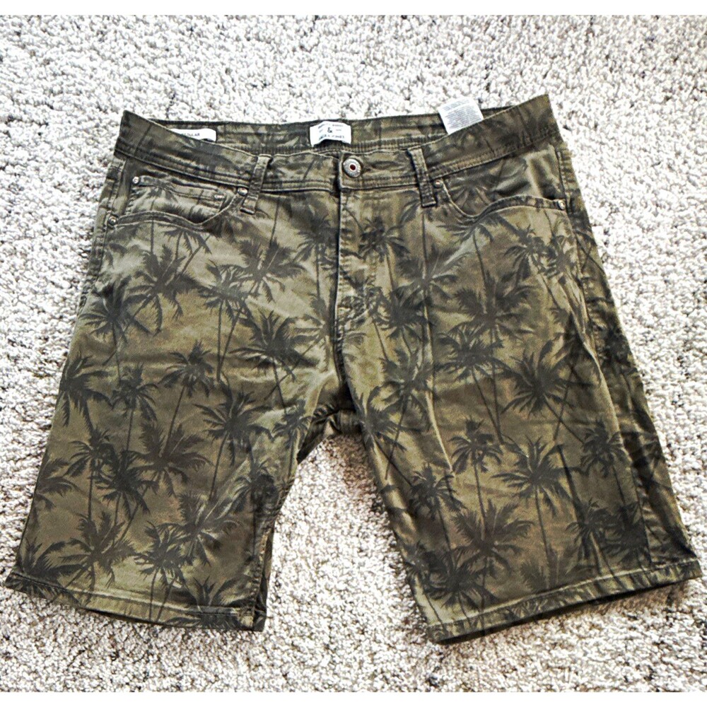 Jack & Jones XL Green Palm Tree Denim Shorts Regular Fit 9in Inseam